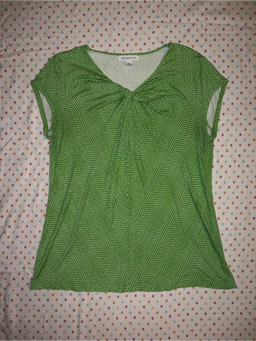 Liz Claiborne Green White Chevron Print Short Sleeve Blouse Women's XL
